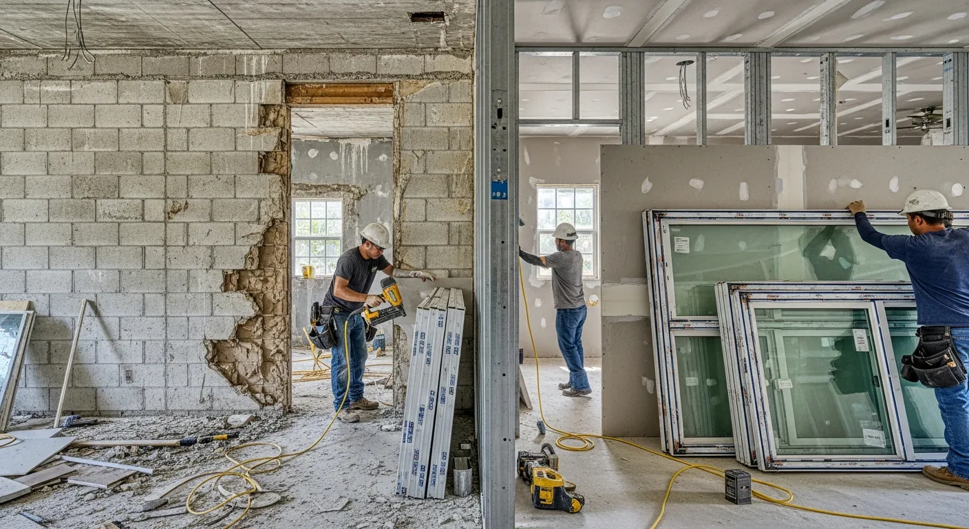 Interior reconstruction in progress at a Fort Lauderdale FL home showing CBS wall repair and HVHZ-compliant structural upgrades