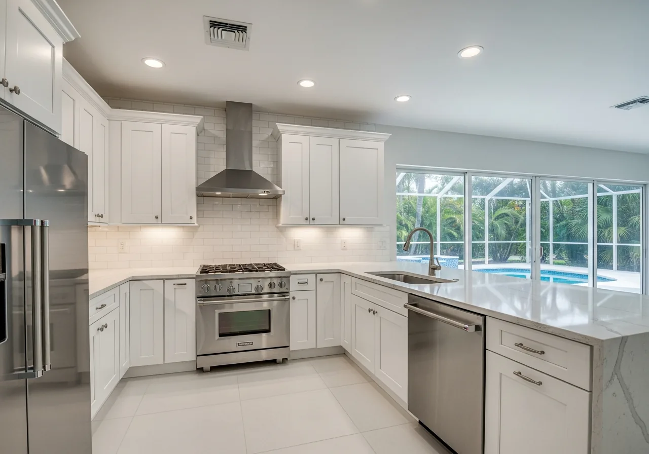 Fully restored modern kitchen in a Fort Lauderdale home after water damage from a burst polybutylene pipe with new cabinetry and tile flooring