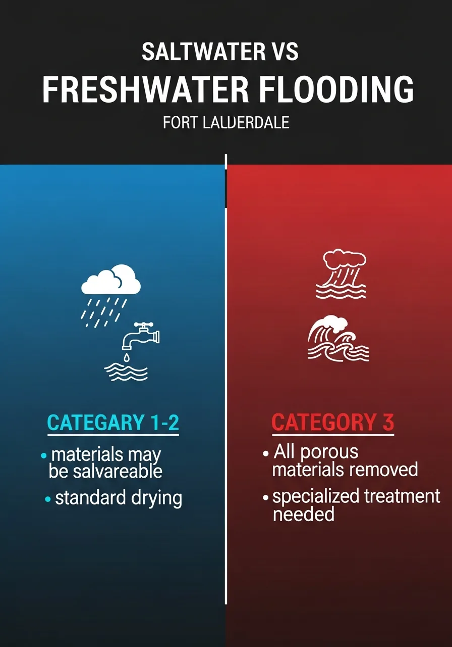 Infographic showing saltwater versus freshwater flooding damage in Fort Lauderdale canal-front homes with IICRC water contamination categories