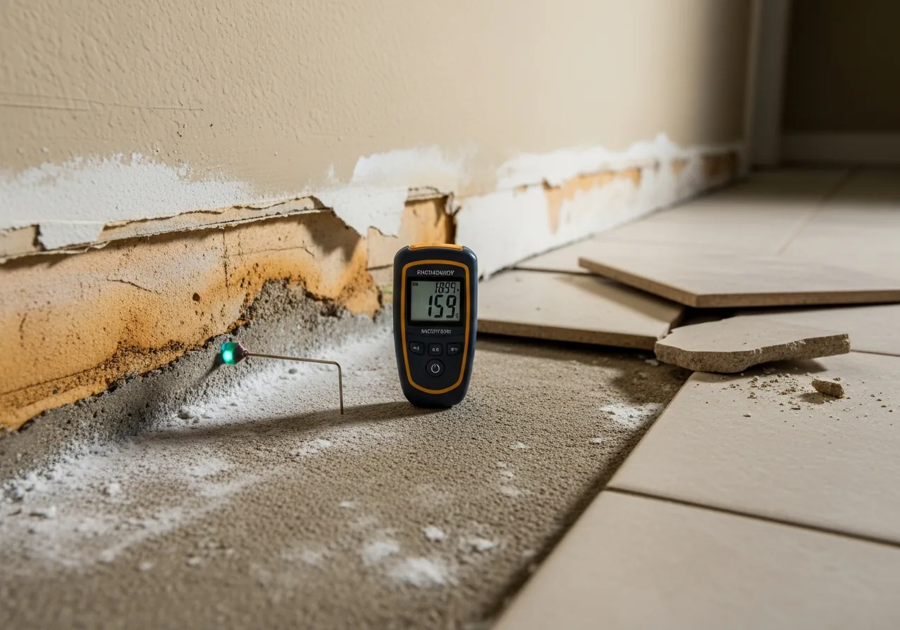 Moisture damage at the base of interior walls from slab vapor transmission in a Fort Lauderdale Florida home without proper vapor barrier