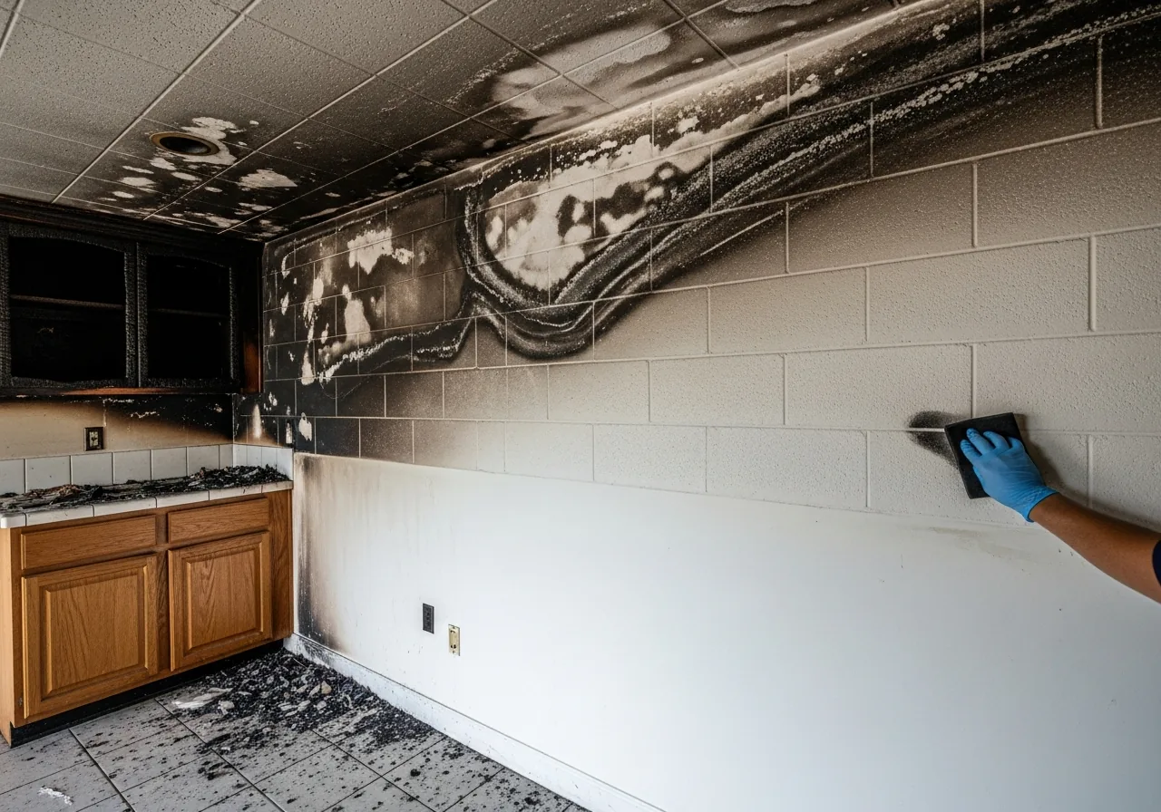 Heavy soot damage on interior stucco walls of a Fort Lauderdale home after electrical fire