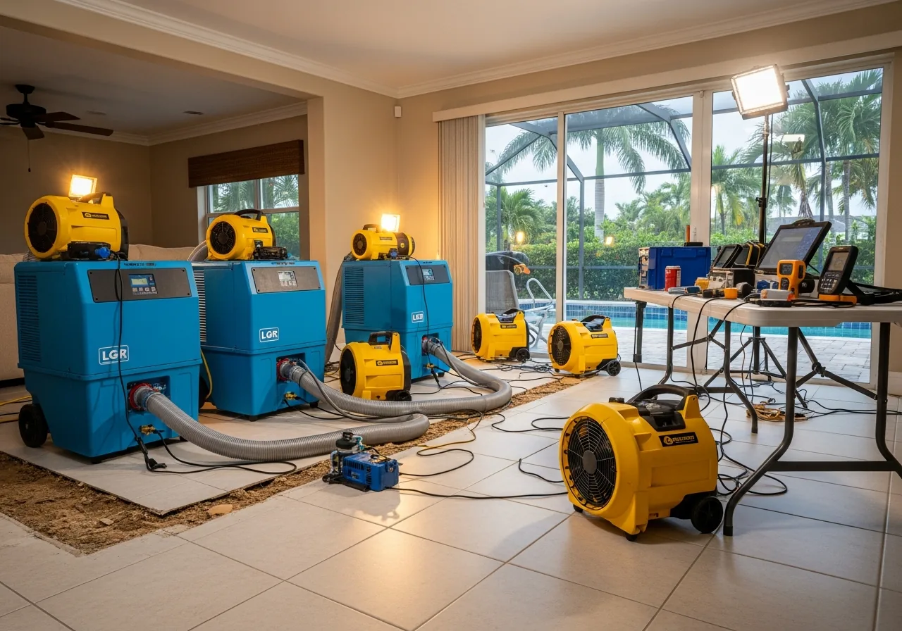 Commercial LGR dehumidifiers and air movers positioned for structural drying in a water-damaged Fort Lauderdale Florida living room