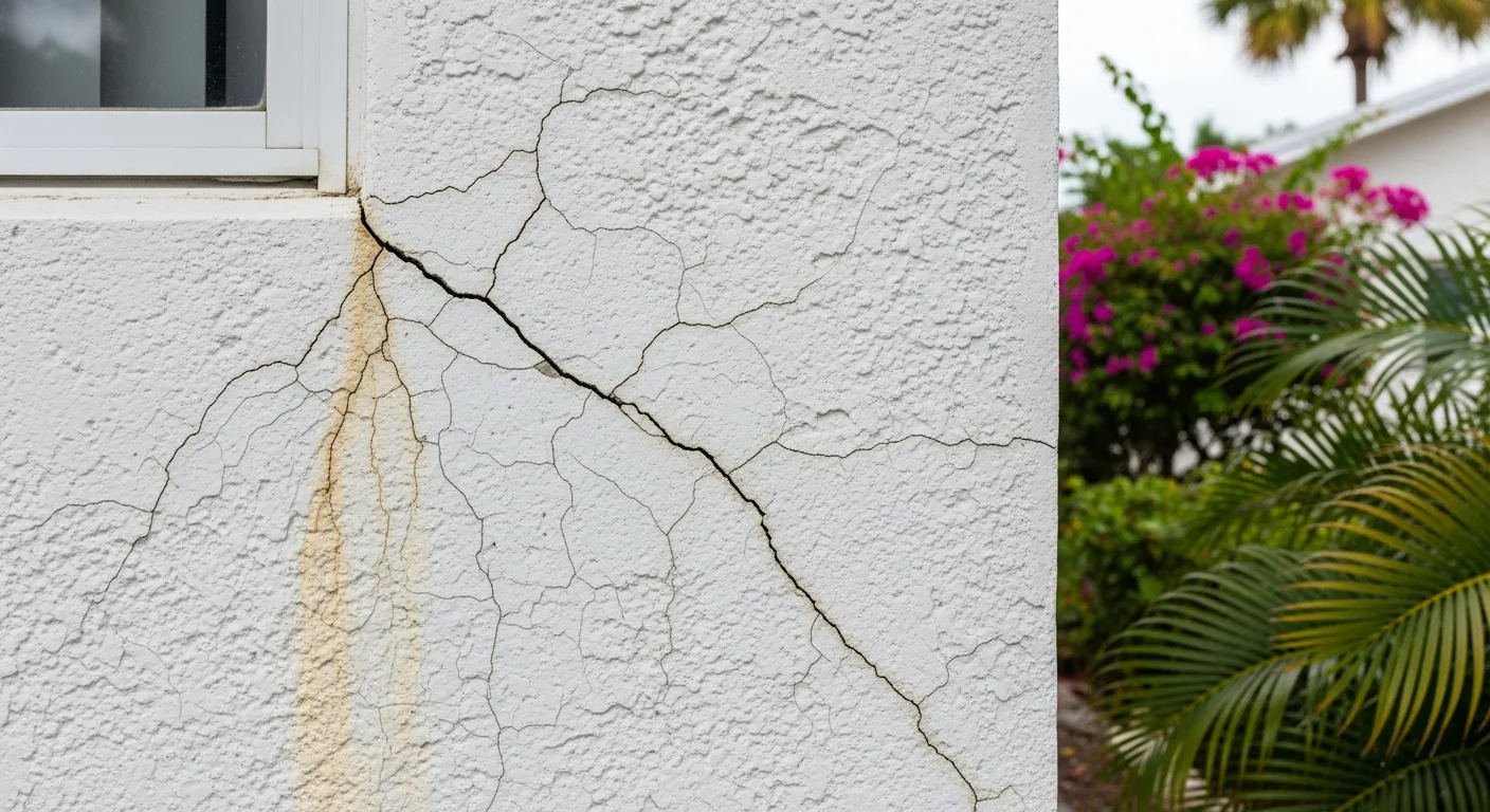 Hairline cracks in aged stucco exterior on a CBS concrete block home in Fort Lauderdale Florida showing water intrusion pathways