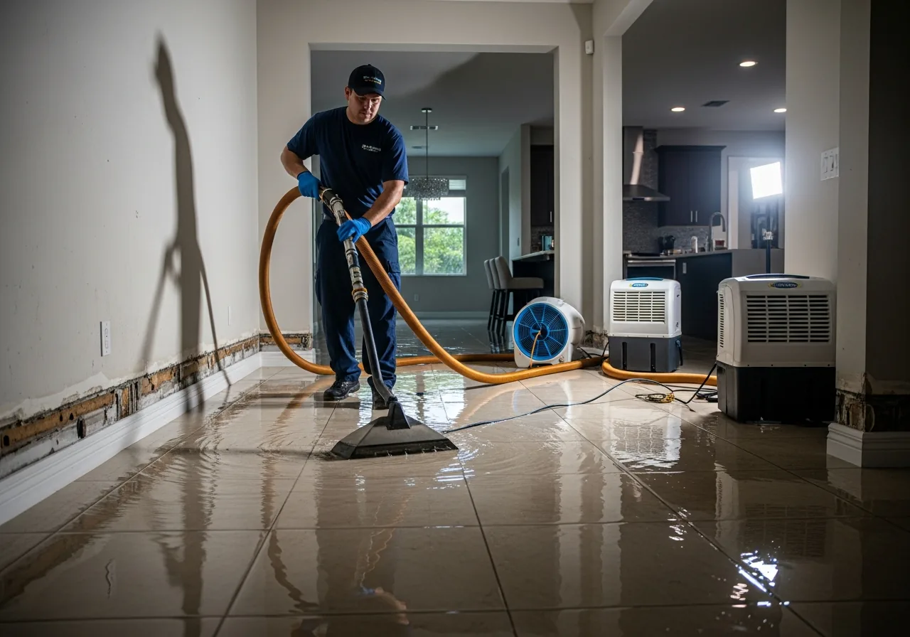 Palm Build technician performing water extraction with truck-mounted equipment in a Fort Lauderdale CBS stucco home with tile floors