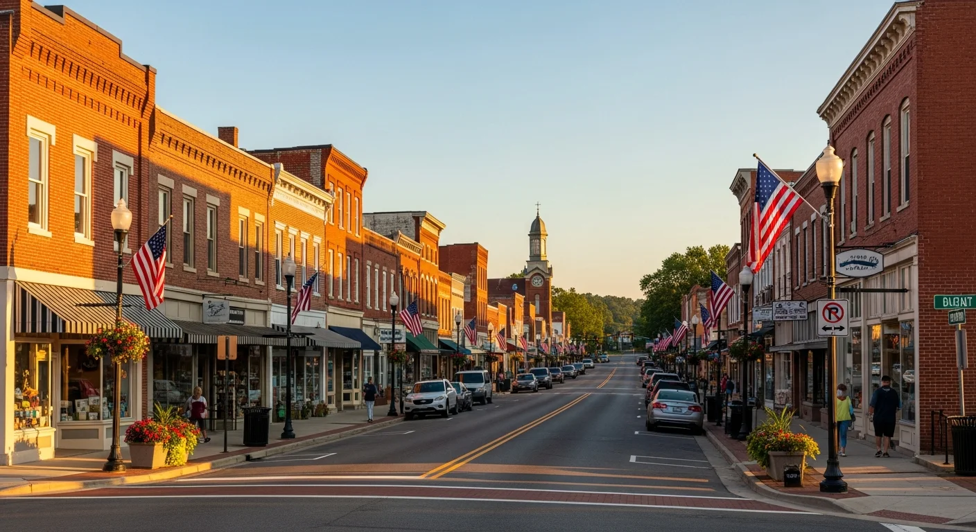 Historic Downtown Fort Mill main street showing aging brick commercial buildings with original construction