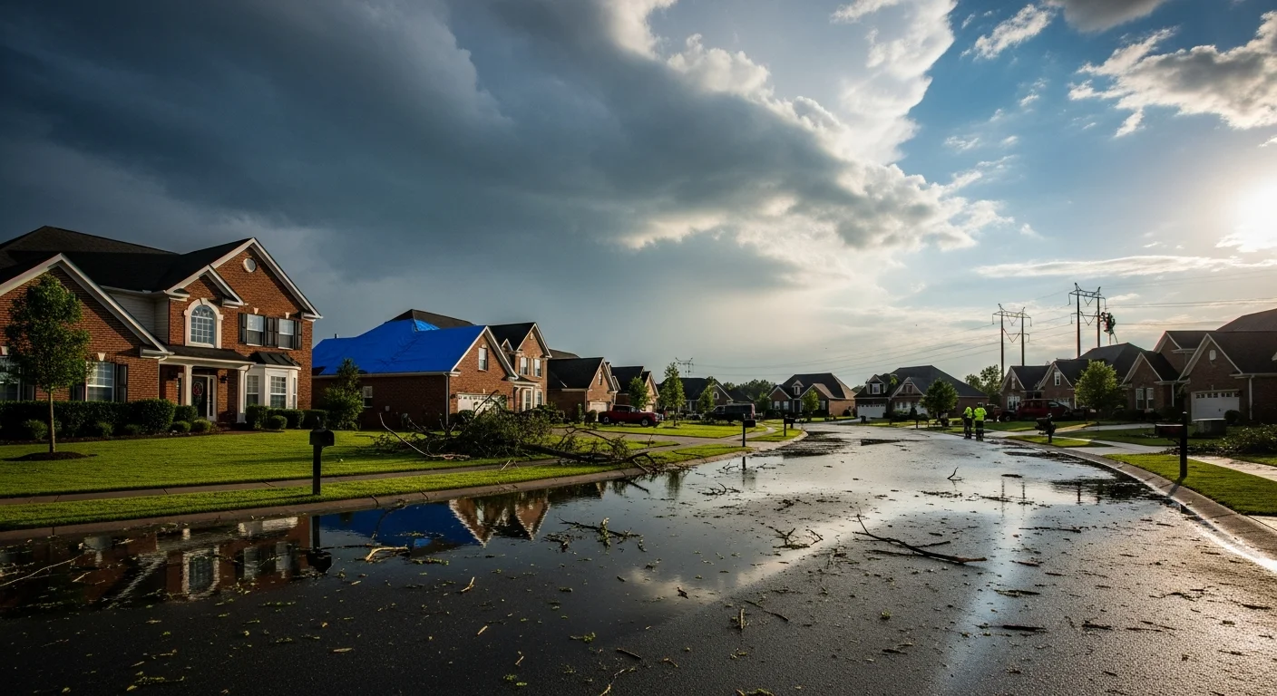 Fort Mill SC residential neighborhood showing post-storm tree damage and debris across streets after Hurricane Helene 2024