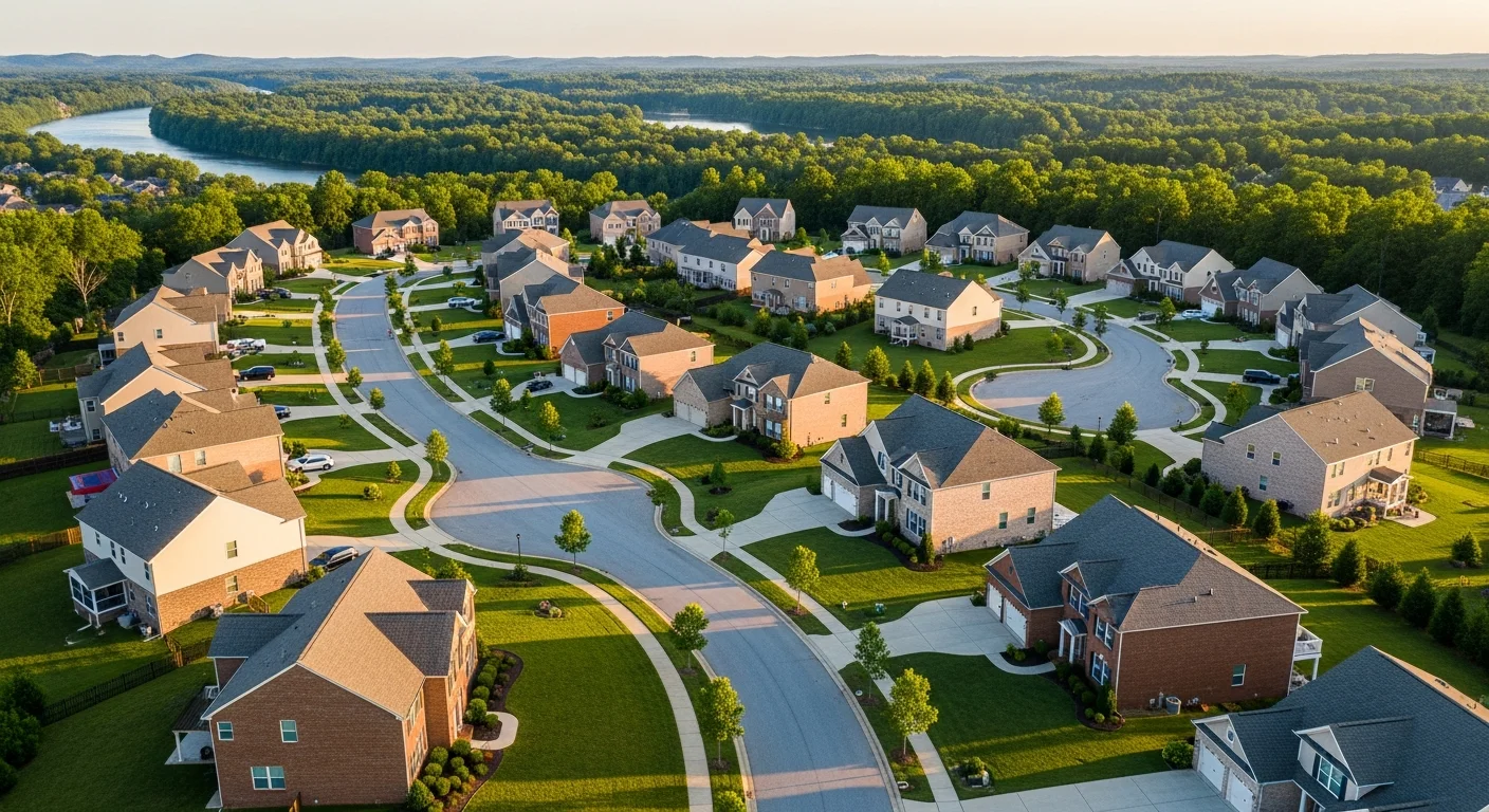 Aerial view of Fort Mill SC residential neighborhoods showing diverse housing stock from historic to modern
