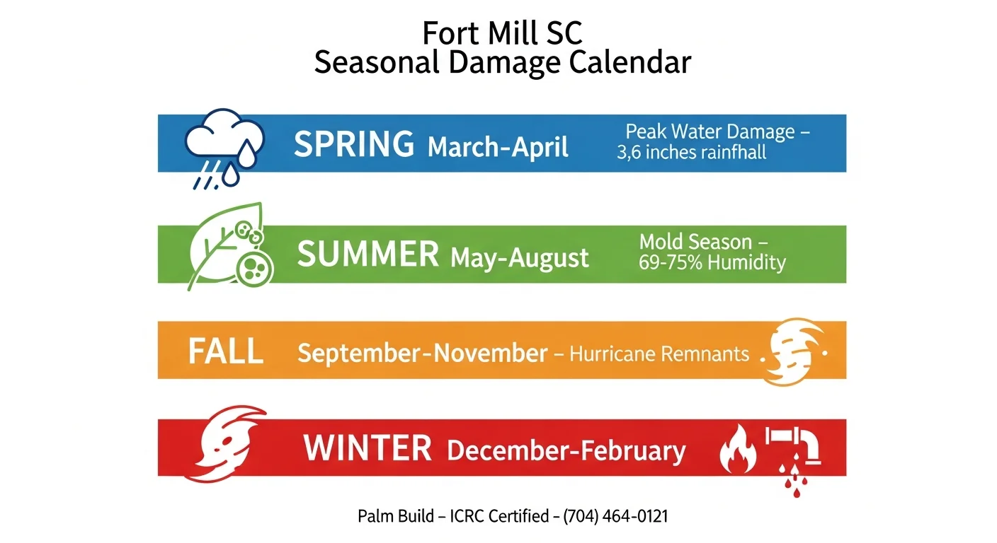 Fort Mill SC seasonal water damage risk calendar showing month-by-month damage patterns including spring flooding, summer humidity, and hurricane remnant season