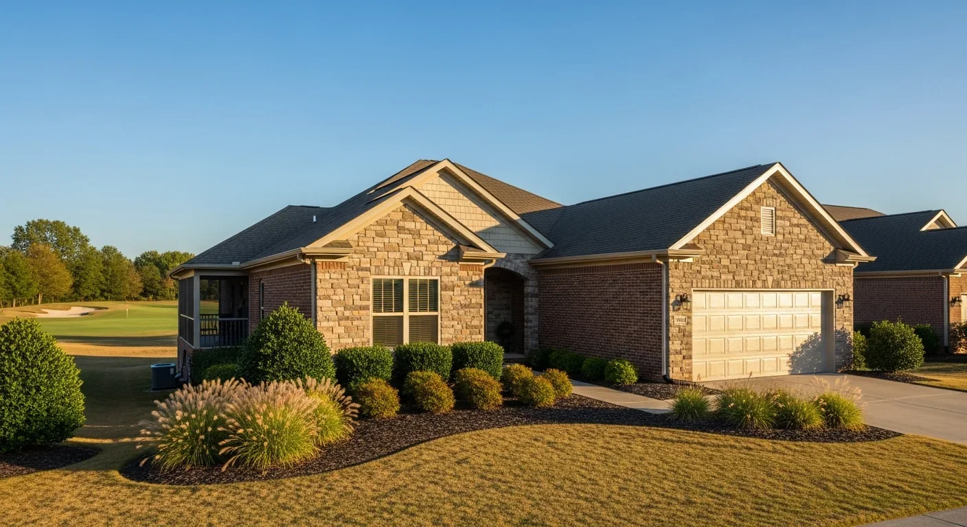 Single-story Sun City Carolina Lakes ranch home in Fort Mill SC with manicured xeriscape landscaping and screened porch typical of the 55+ active adult community