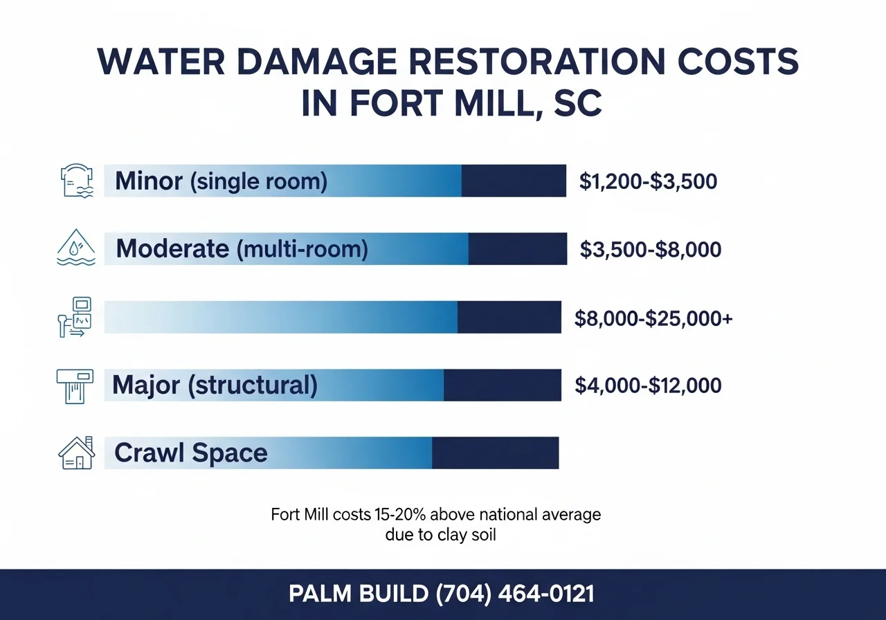 Infographic showing water damage restoration cost ranges for Fort Mill SC homes including extraction, drying, mold prevention, and reconstruction costs