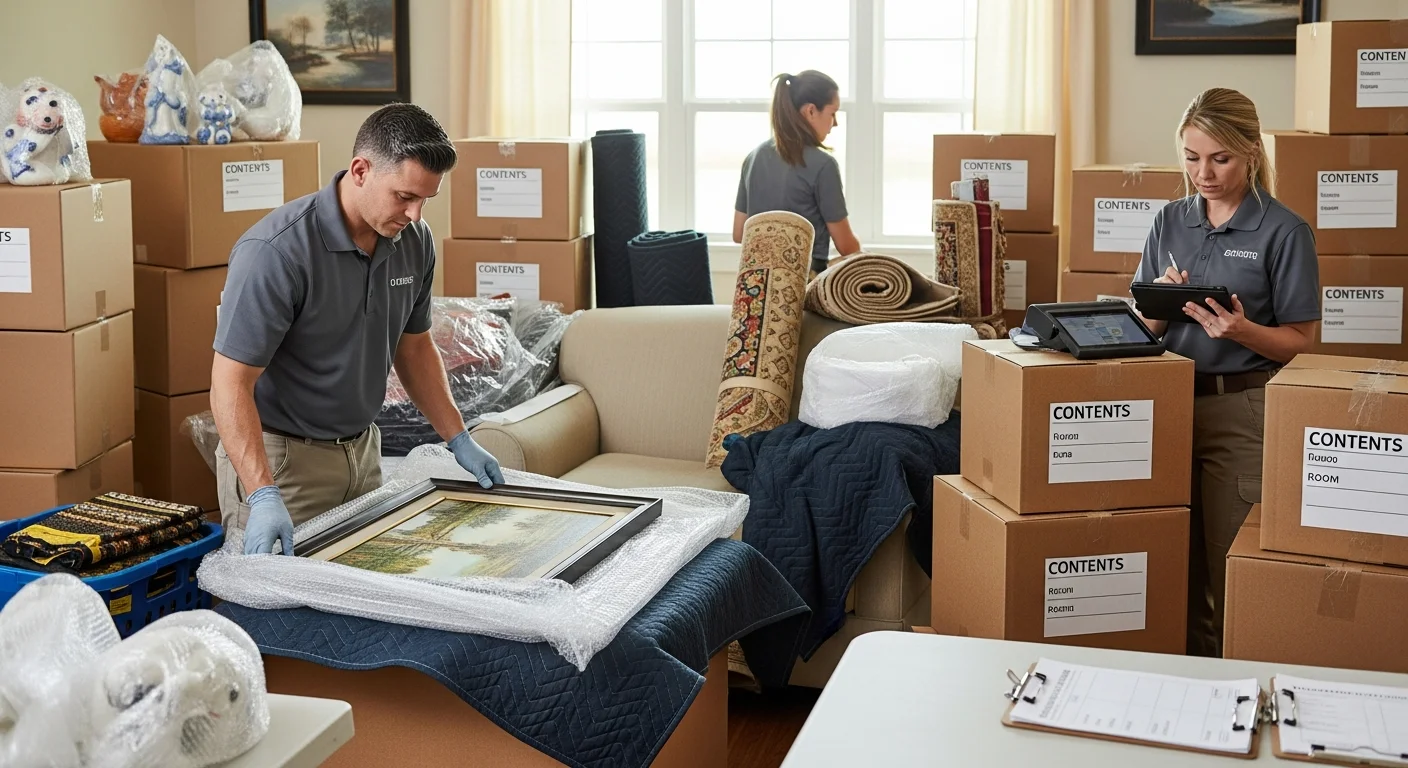 Professional contents pack-out in progress at a Fort Mill SC home following water damage, with items carefully inventoried and wrapped for restoration