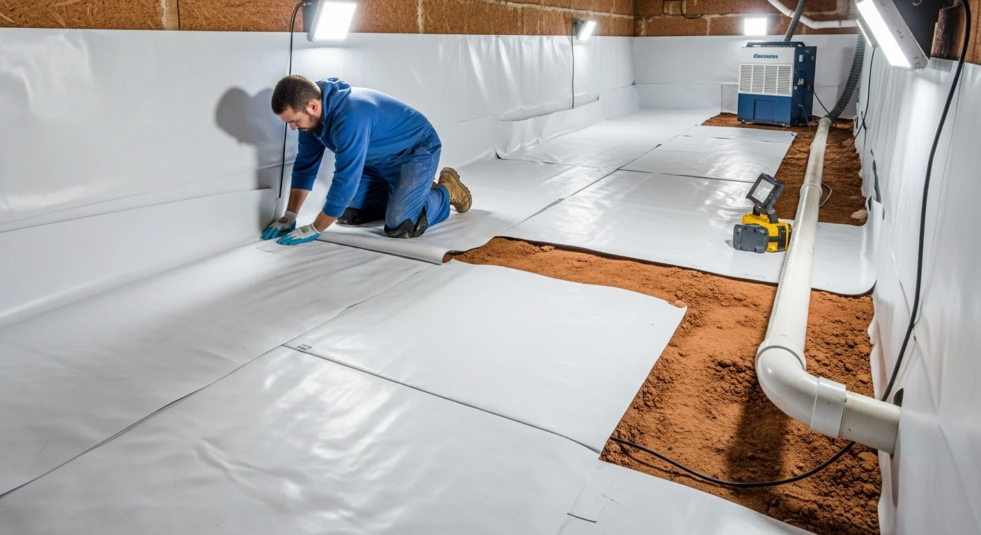 Completed crawl space encapsulation with heavy-duty vapor barrier installed in a Fort Mill SC home