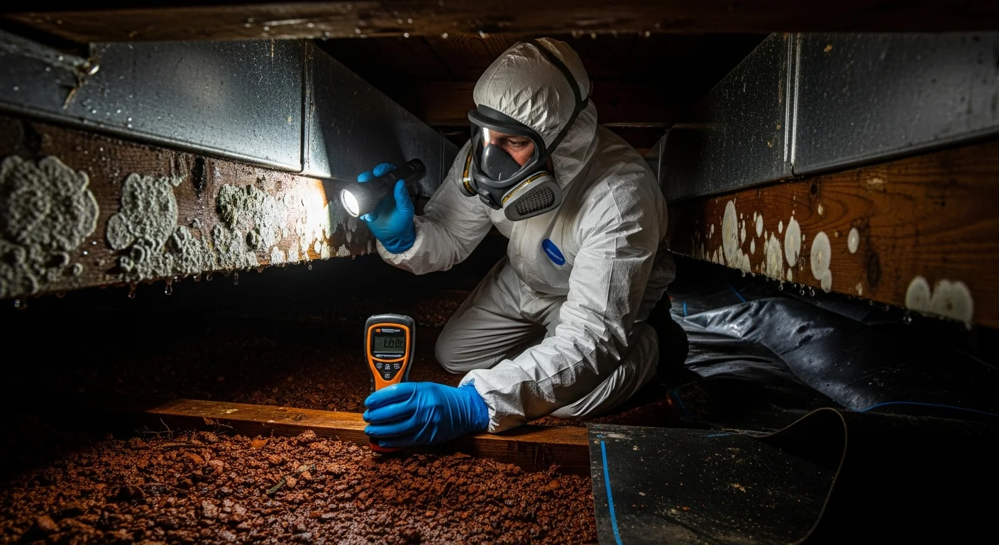 Professional technician inspecting moisture damage and mold in a Fort Mill SC crawl space beneath a residential home