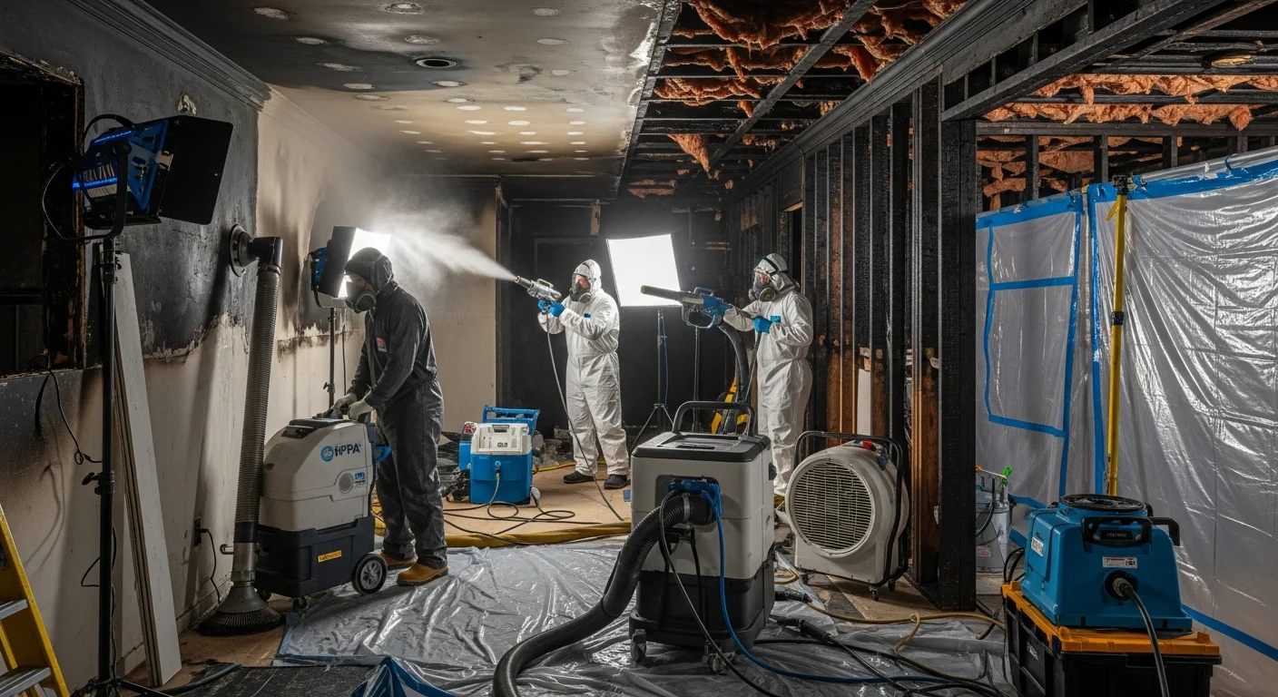 Palm Build restoration team responding to fire and smoke damage at a brick and vinyl siding home in Fort Mill, South Carolina