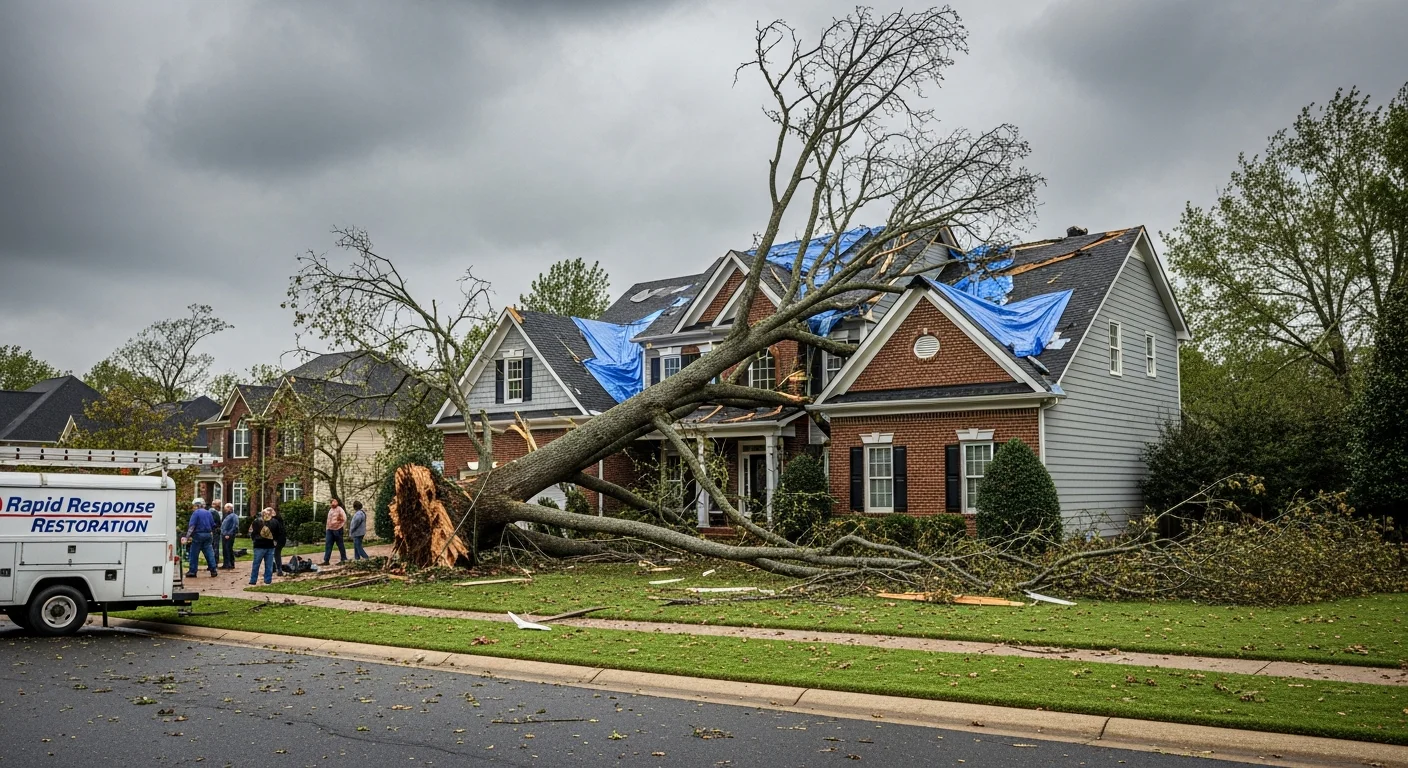 Storm-damaged residential neighborhood in Fort Mill SC with downed trees and debris across rooftops after a severe inland weather event