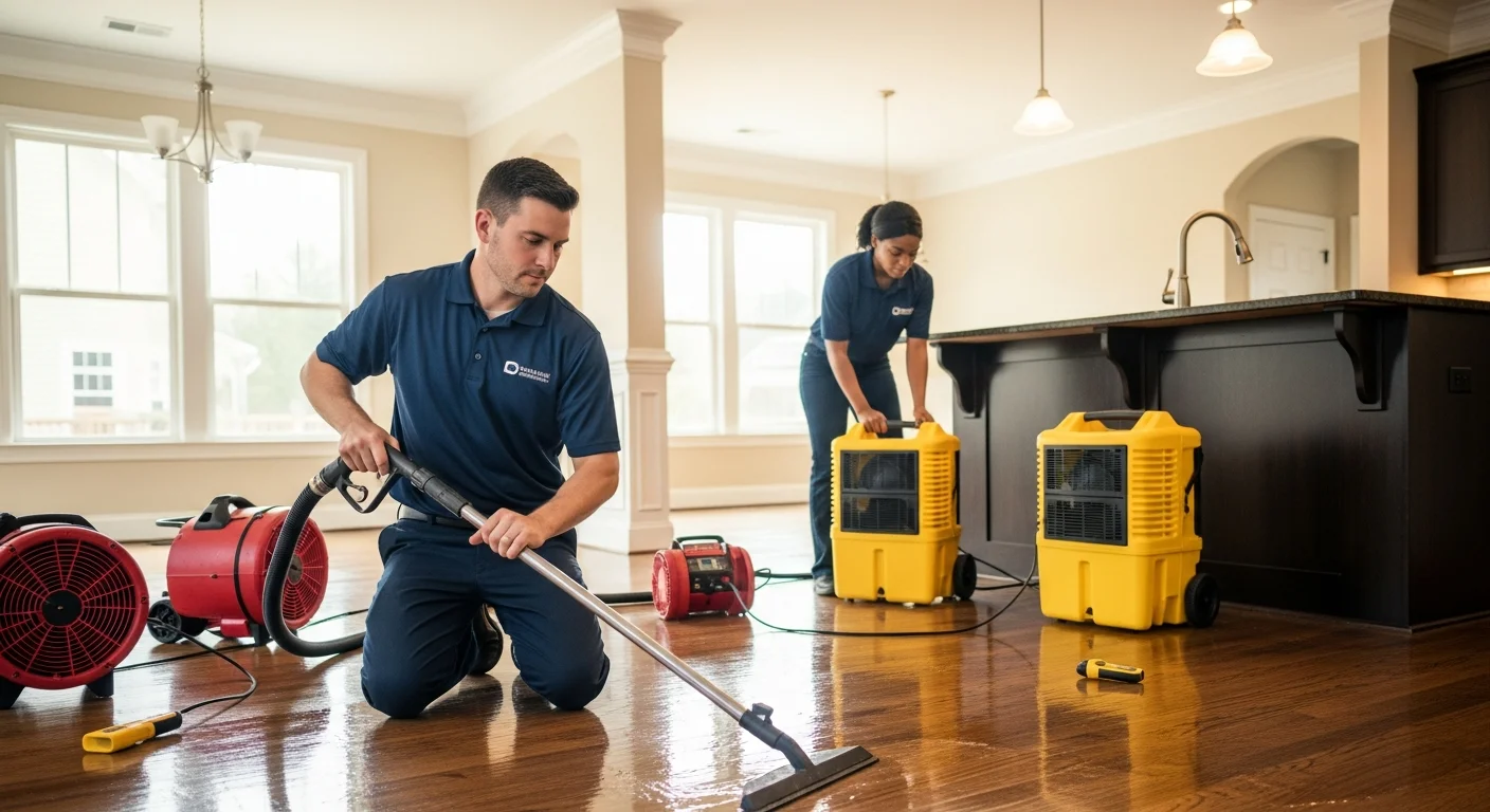 Palm Build technician performing water extraction in a Fort Mill SC home with commercial truck-mounted extraction equipment and dehumidifiers visible