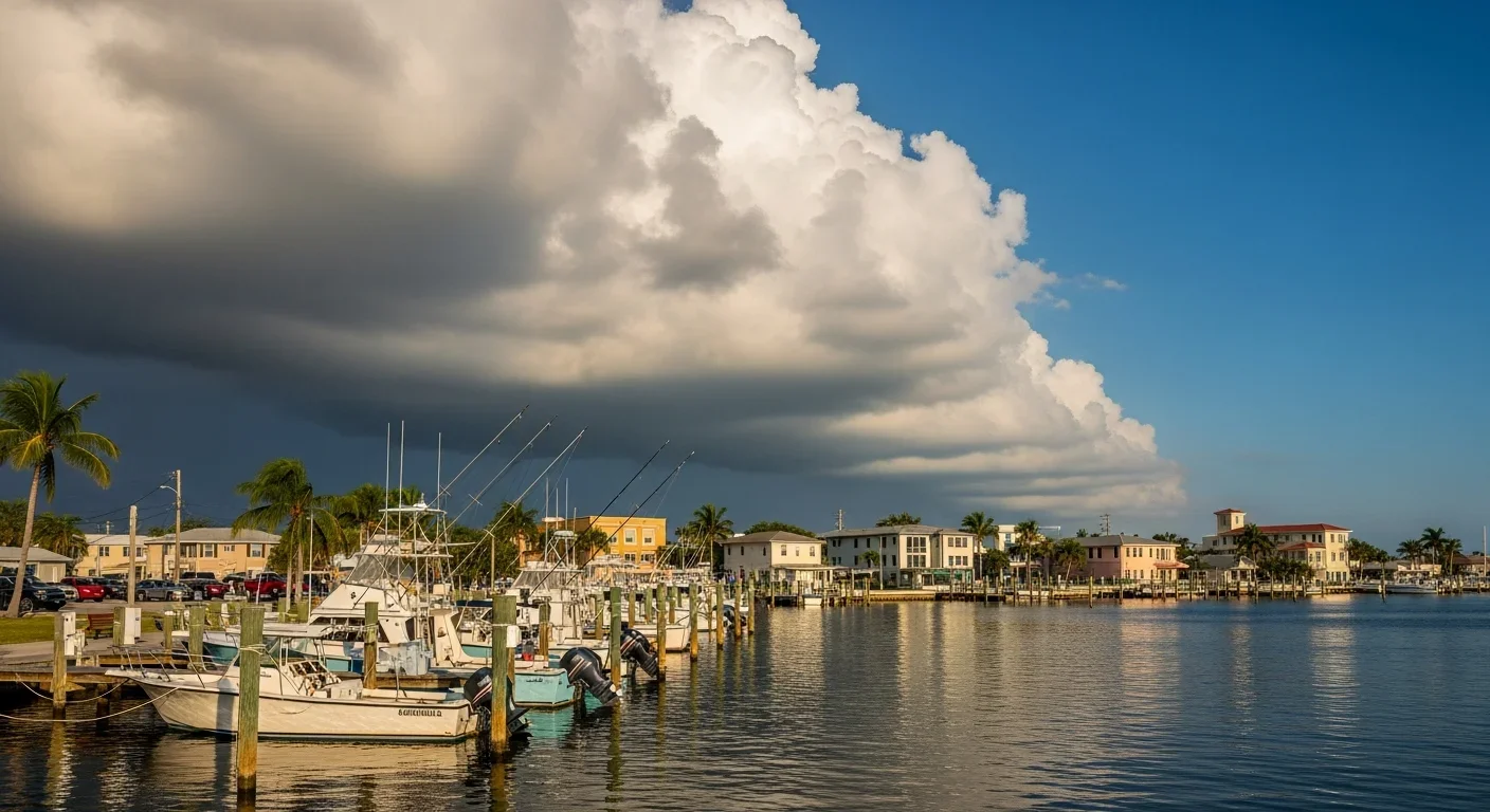 Fort Pierce Florida waterfront along the Indian River Lagoon showing residential properties and storm clouds building over the water