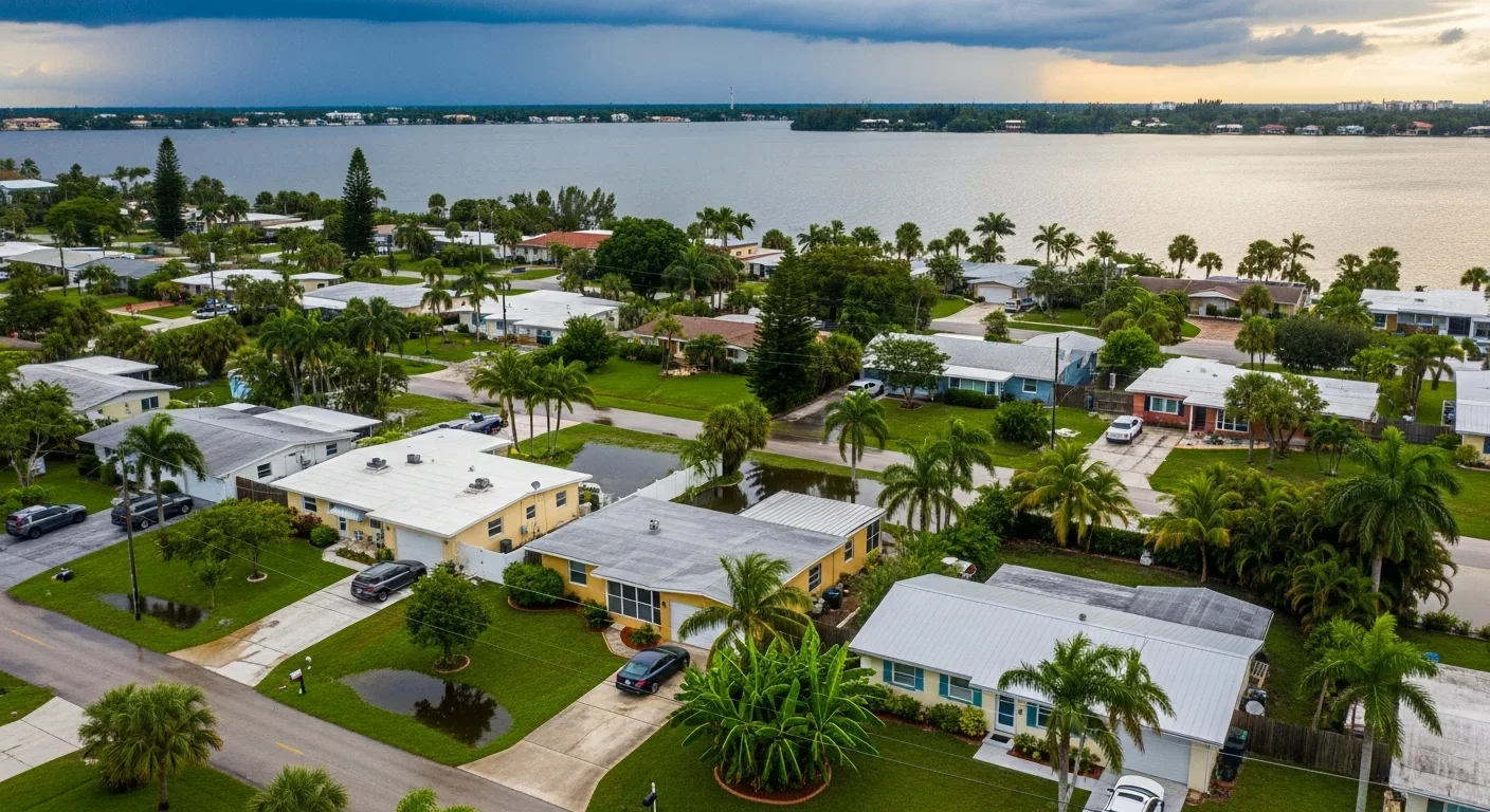 Fort Pierce Florida residential neighborhood with storm water ponding on streets and lawns after heavy tropical rainfall