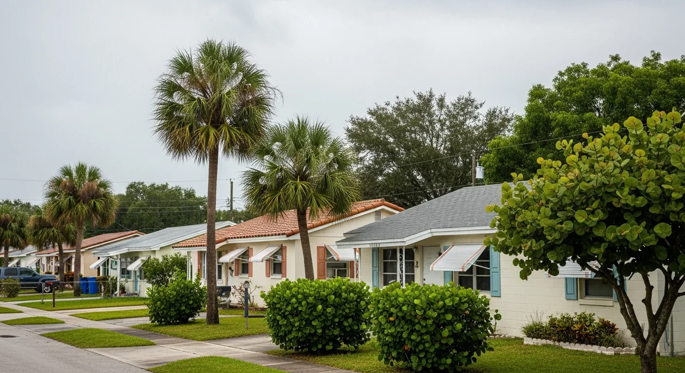 Row of older CBS stucco homes on a Fort Pierce Florida residential street with palm trees and low-pitched tile roofs