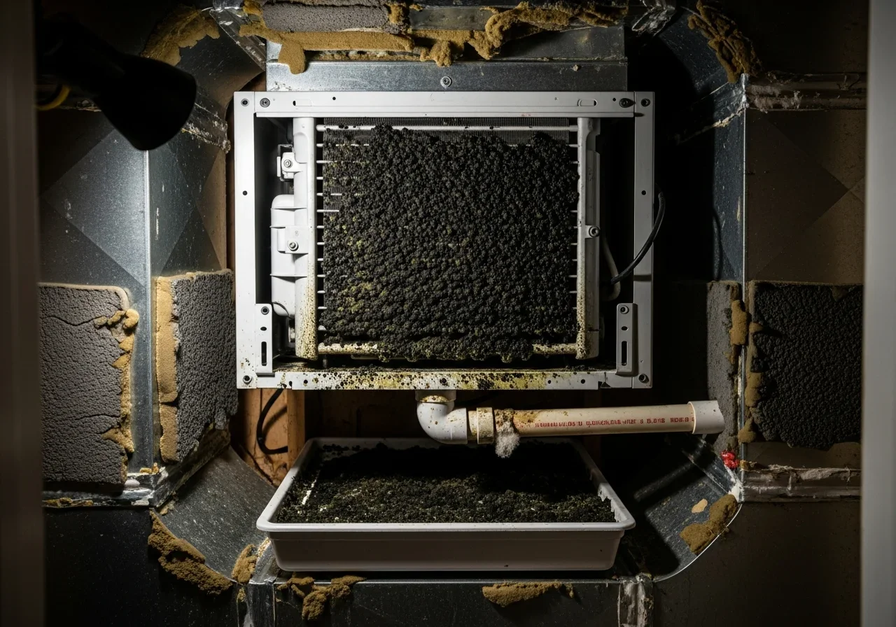 HVAC air handler in a Fort Pierce Florida home showing mold growth on the condensate drain pan and evaporator housing