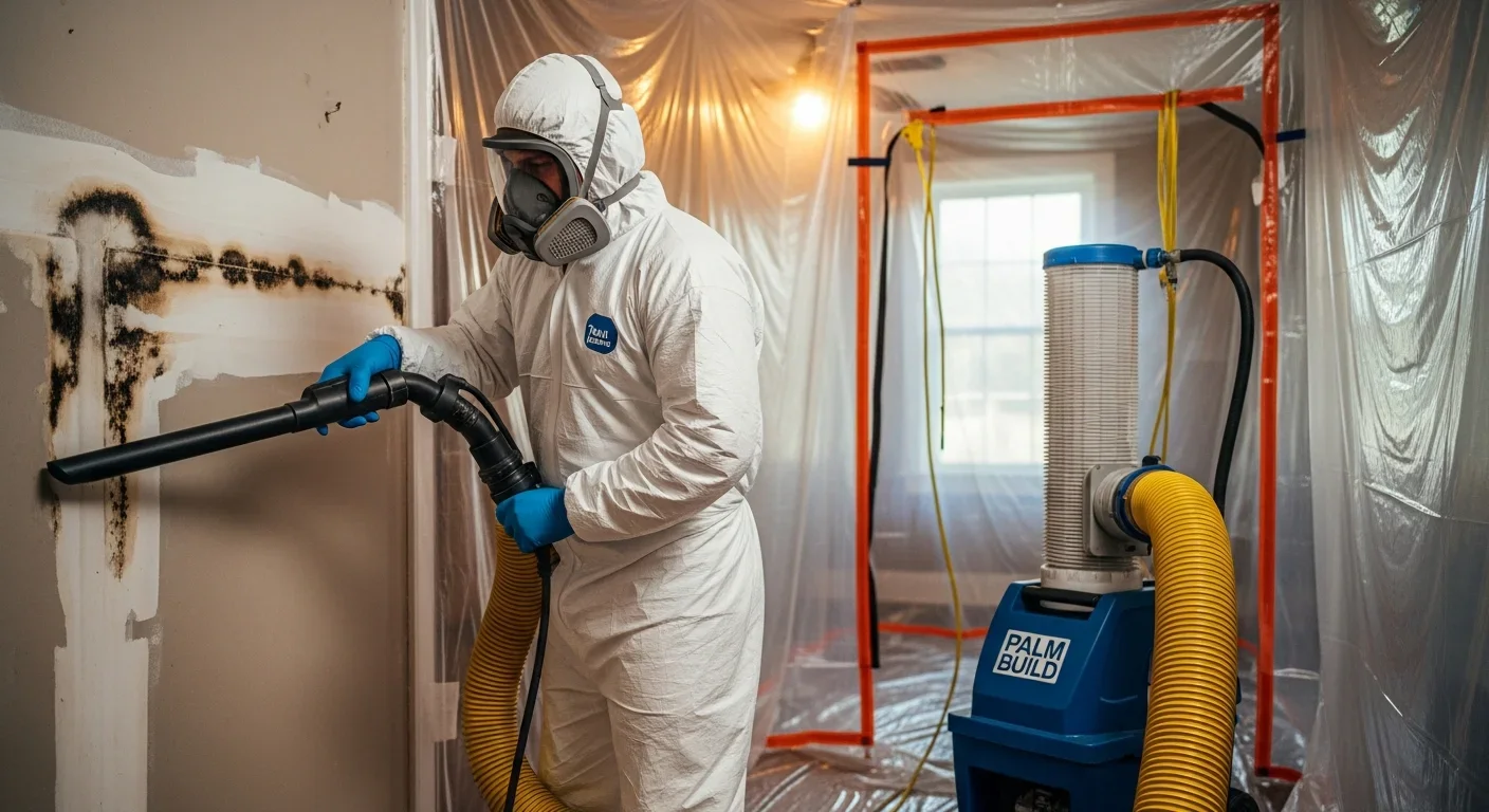 Palm Build technician in full PPE performing HEPA remediation inside a Fort Pierce Florida home with containment barriers visible