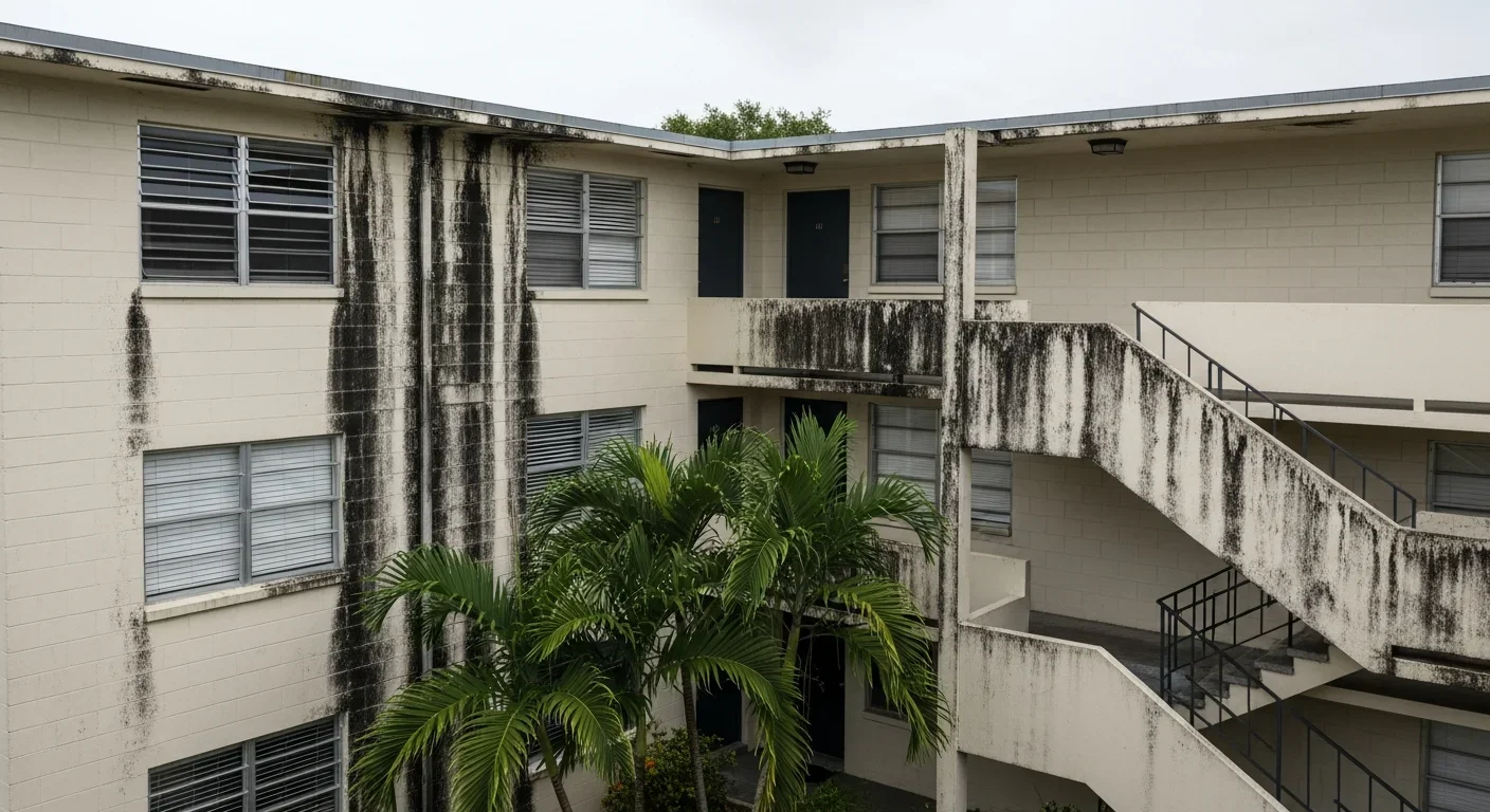 Older multi-family apartment building in Fort Pierce Florida showing exterior mold staining on stucco walls near windows and roof line
