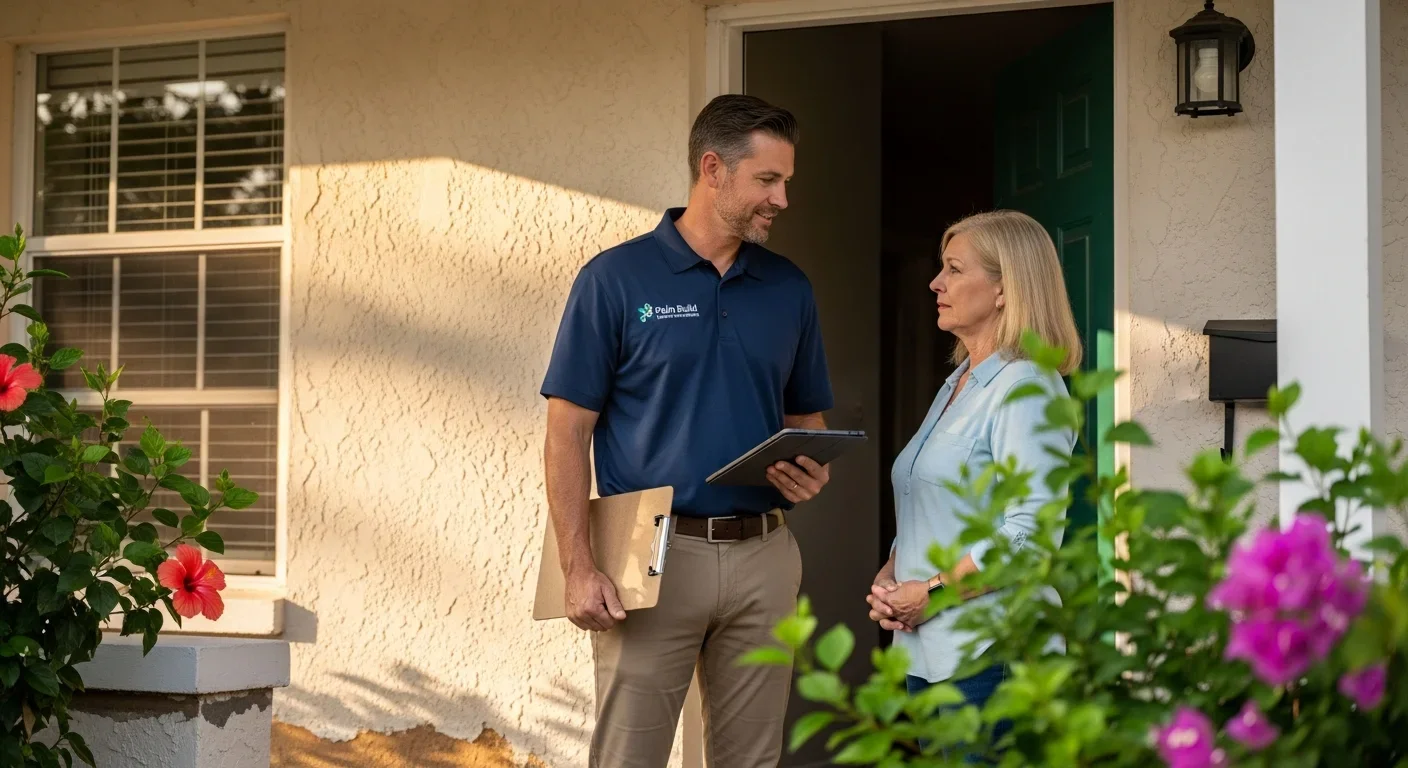 Palm Build project manager consulting with a Fort Pierce Florida homeowner at their front door after water damage