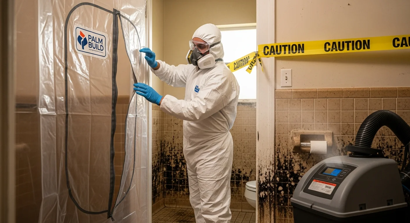 Palm Build mold remediation technician in full PPE and containment gear inside an older Fort Pierce Florida CBS home