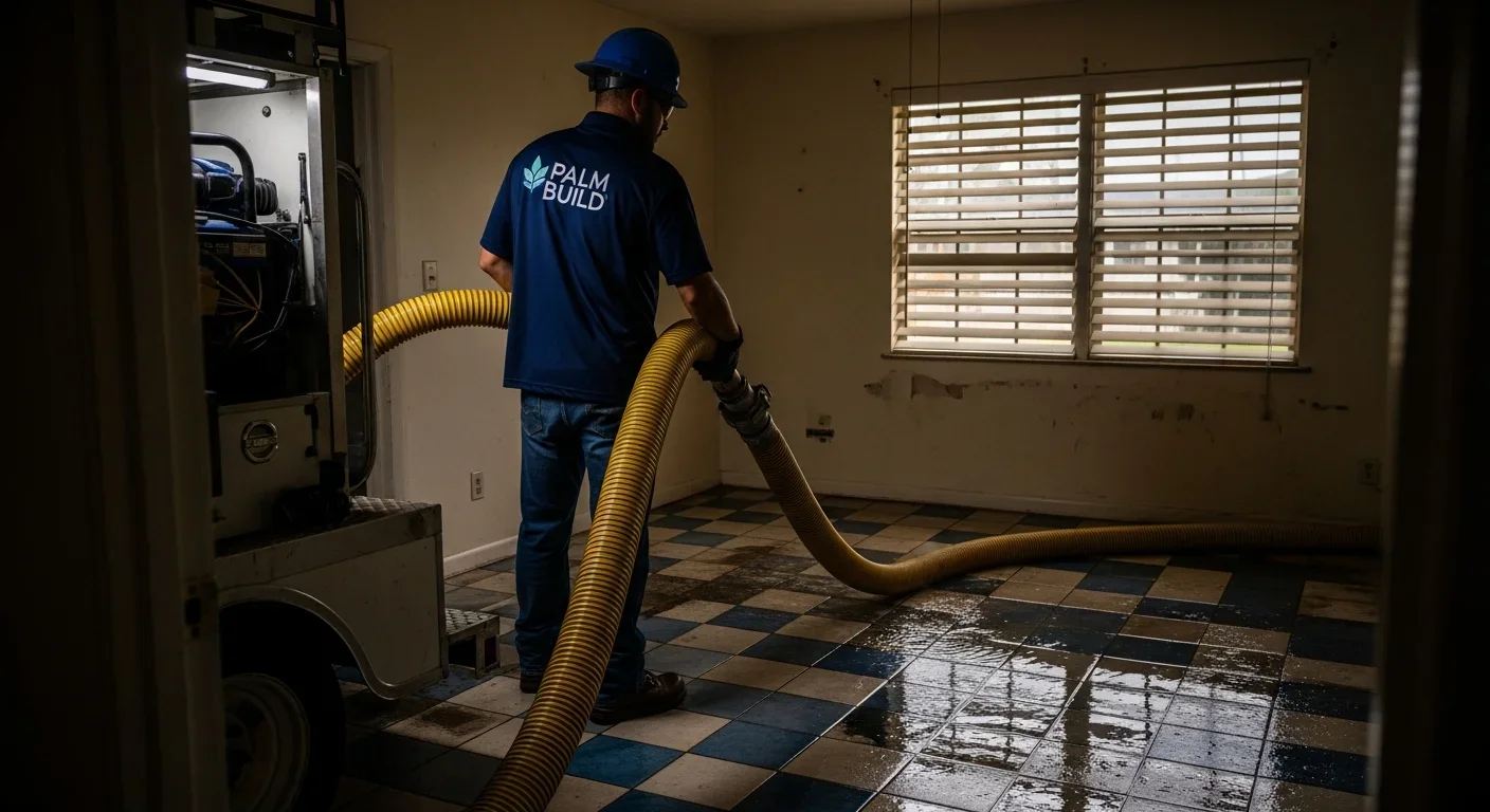 Palm Build technician performing truck-mounted water extraction inside an older Fort Pierce Florida home with tile flooring