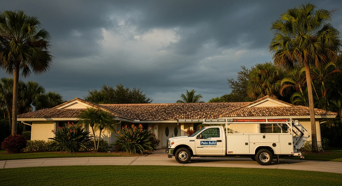 Palm Build restoration truck parked in the driveway of an older CBS stucco home in Fort Pierce Florida after water damage emergency