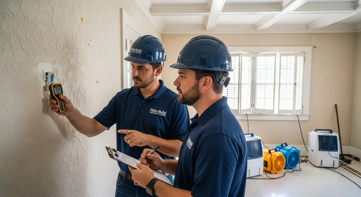 Palm Build technicians reviewing moisture readings and documentation inside a Fort Pierce Florida home during water damage restoration