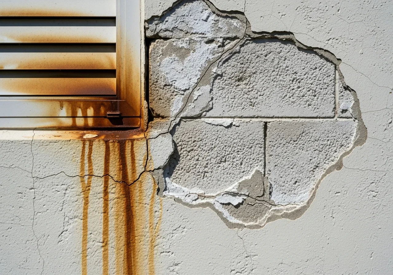 Close-up of hairline stucco cracks and water staining near a window frame on an older Fort Pierce Florida CBS home exterior