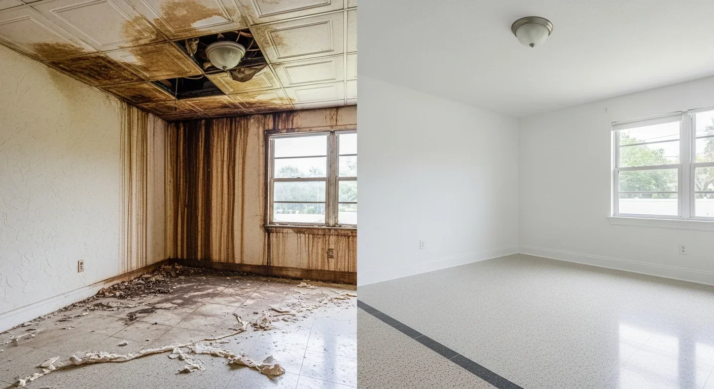 Before and after water damage restoration in a Fort Pierce Florida home showing complete recovery from severe water intrusion