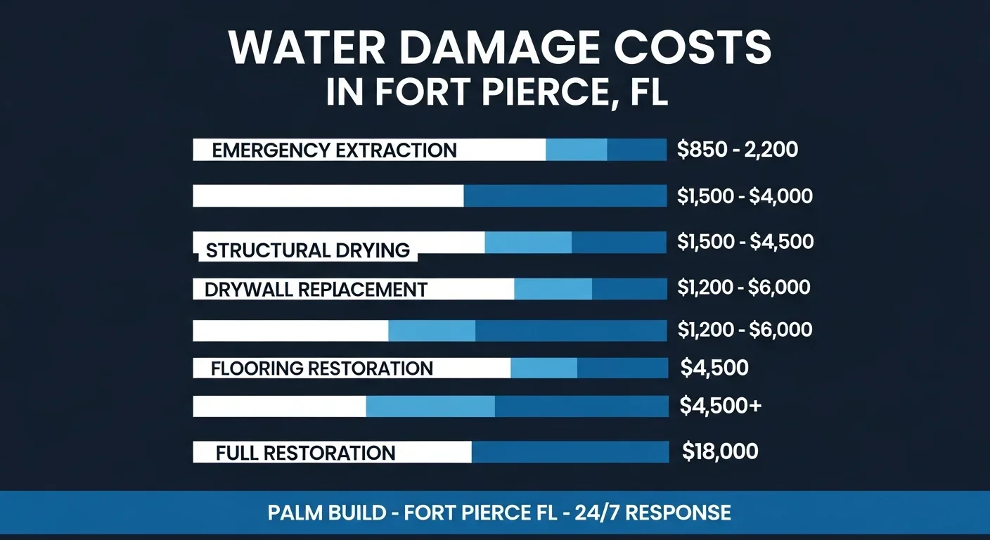 Water damage restoration cost guide infographic for Fort Pierce Florida showing price ranges for extraction, drying, and reconstruction