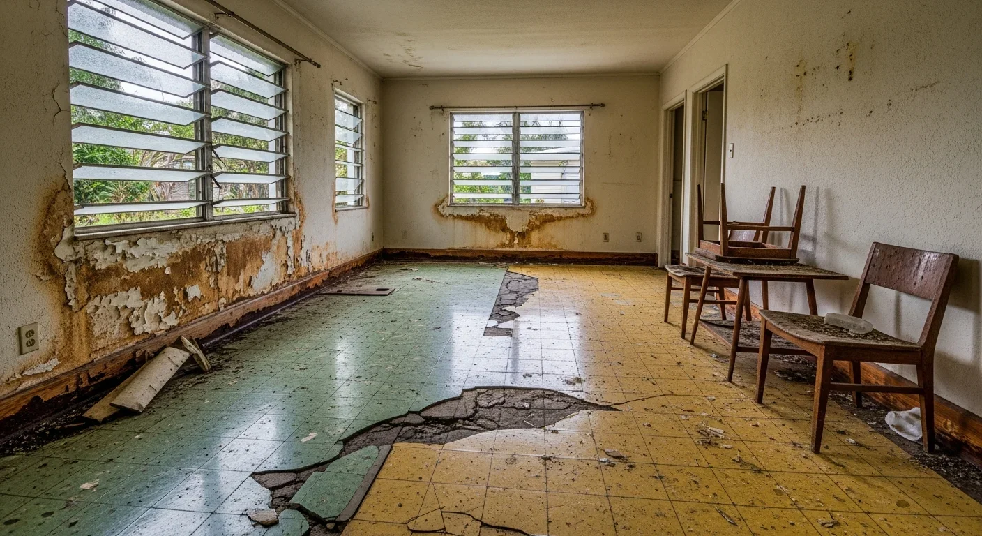 Water damage visible inside an older Fort Pierce Florida CBS home showing waterlogged tile flooring and stained stucco walls near jalousie windows