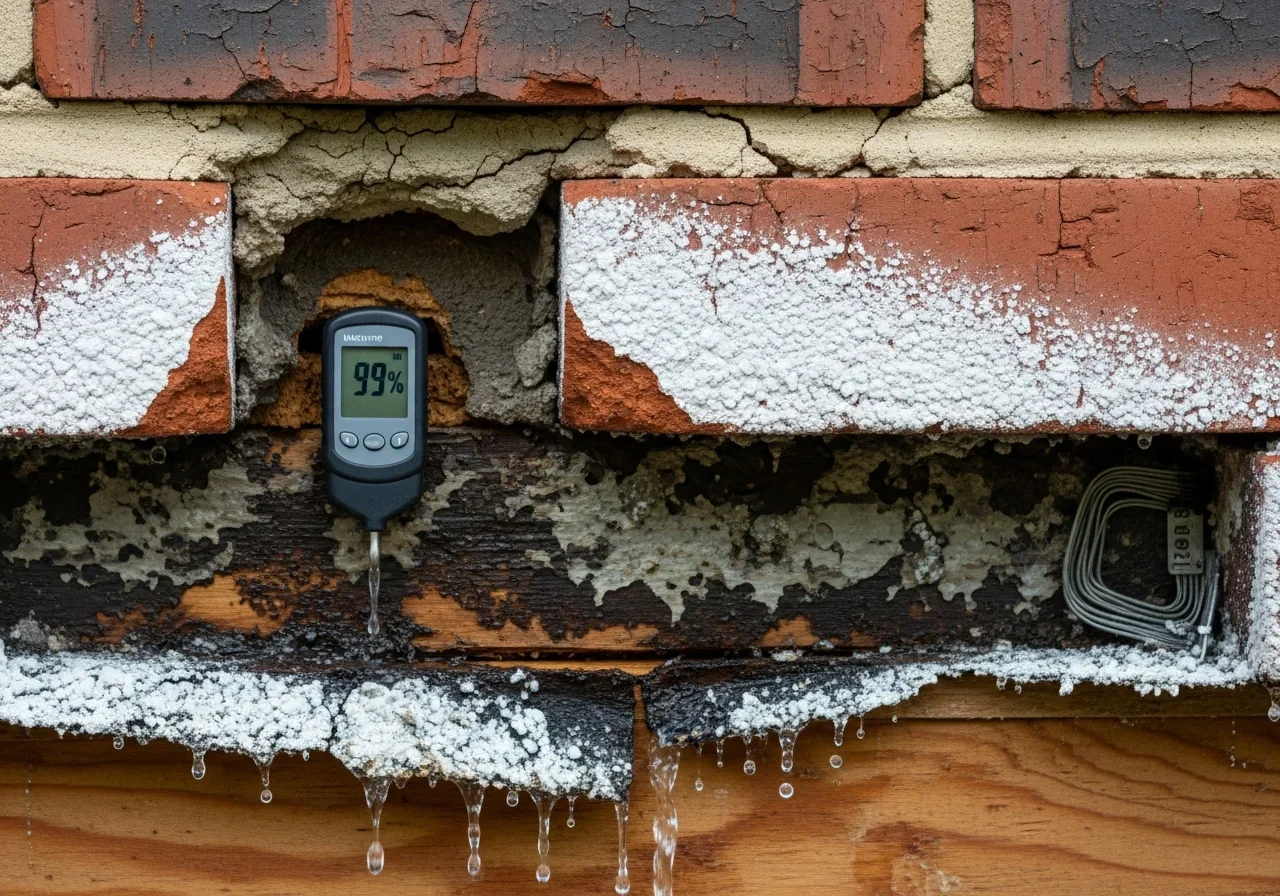 Close-up of water damage behind brick veneer on a Gaffney SC home showing efflorescence and deteriorating mortar joints where moisture has migrated into wall cavity