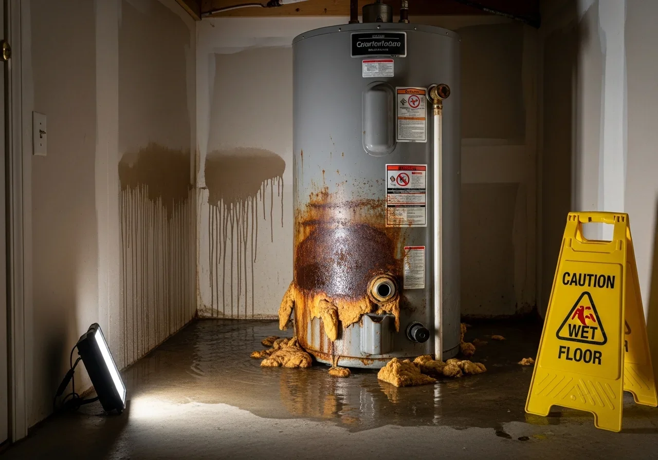 Failed water heater flooding a utility closet in a Gaffney SC home with visible corrosion and water pooling on concrete floor