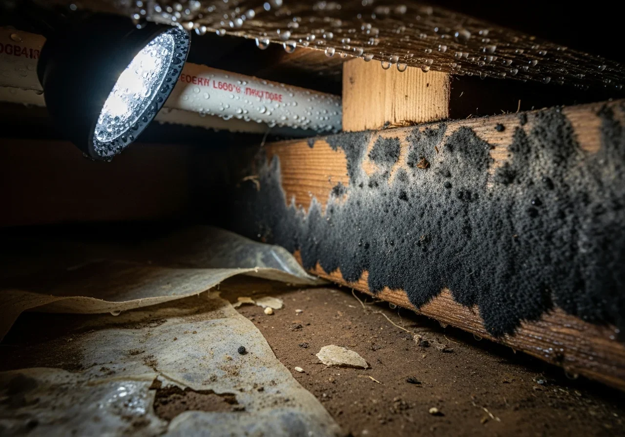 Active mold growth on crawl space floor joists beneath a Gaffney SC home with vented foundation