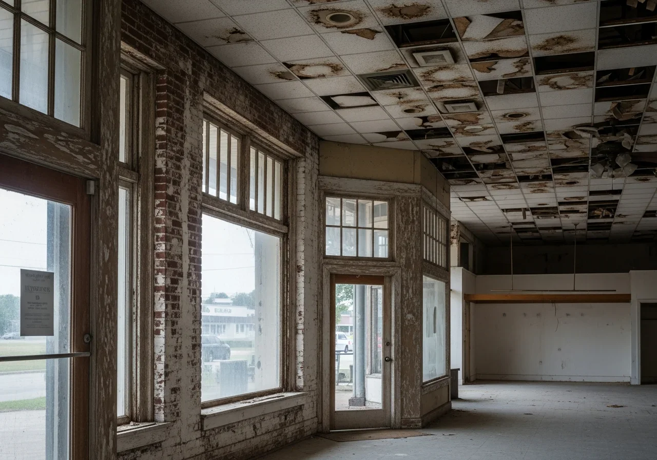 Commercial water damage in a downtown Gaffney SC building with Palm Build drying equipment deployed across the affected floor