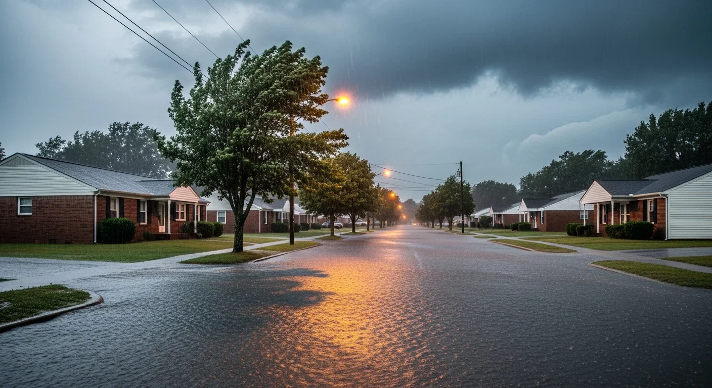 Flash flooding on a residential street in Gaffney South Carolina during heavy rainfall with water pooling in yards and gutters overflowing