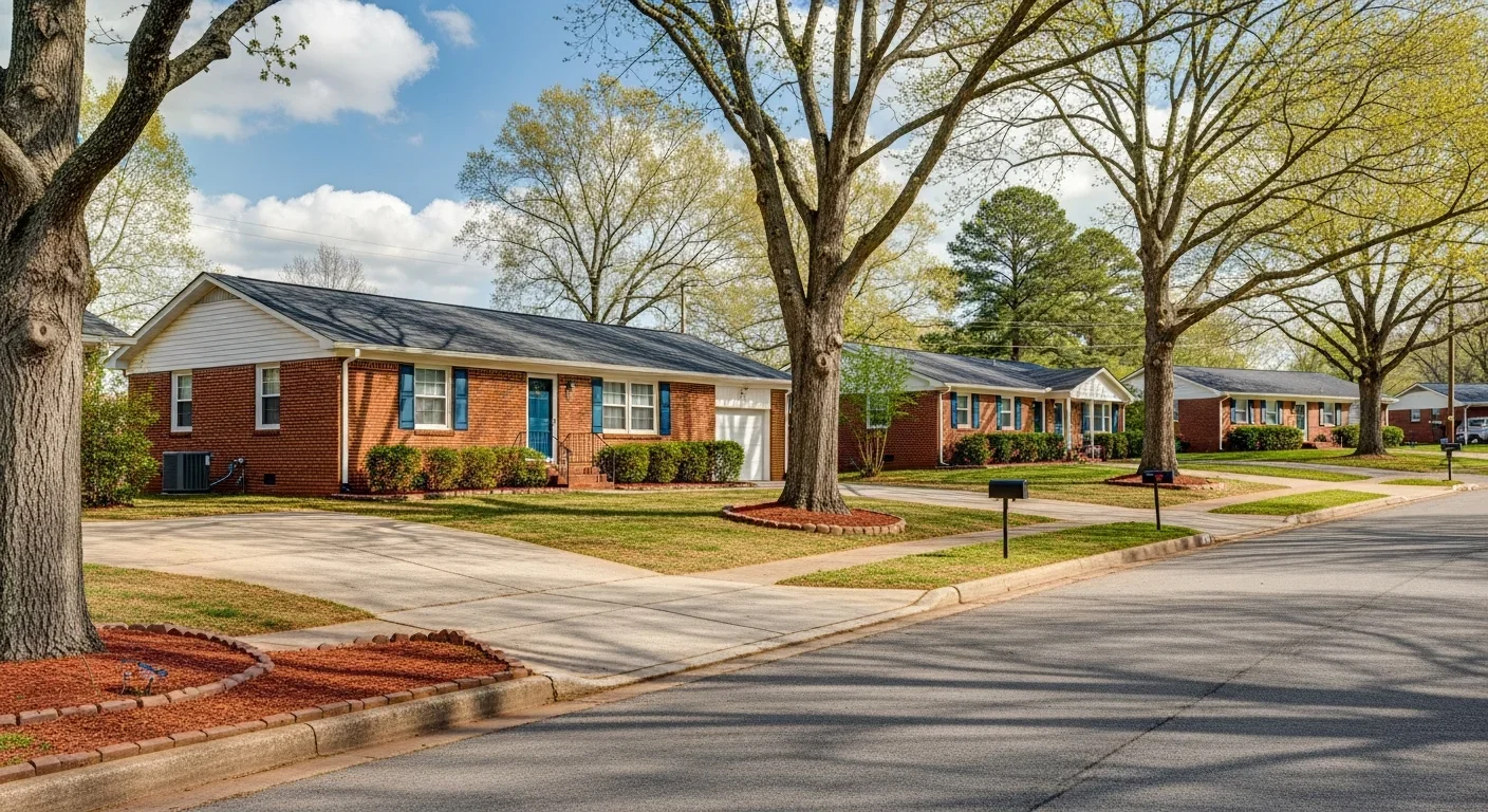 Typical Gaffney South Carolina residential neighborhood with brick veneer ranch homes from the 1970s-1980s era and mature oak trees lining the street