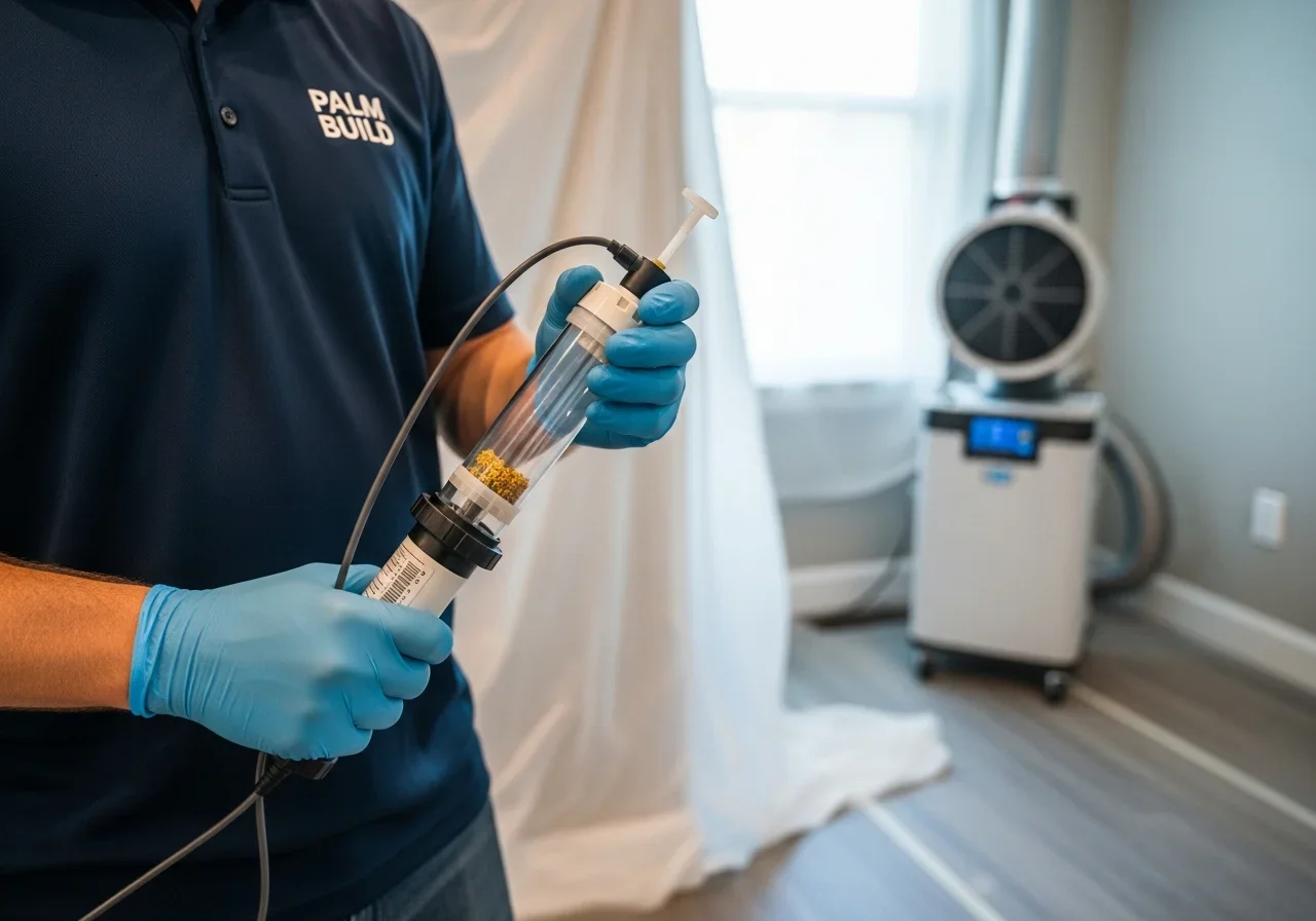 Palm Build technician performing post-remediation air quality testing in a Gaffney SC home