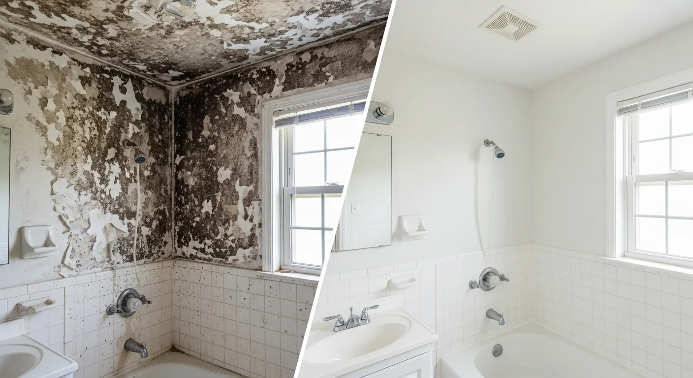 Before and after bathroom mold remediation in a Gaffney SC home showing wall mold removal and restored surfaces