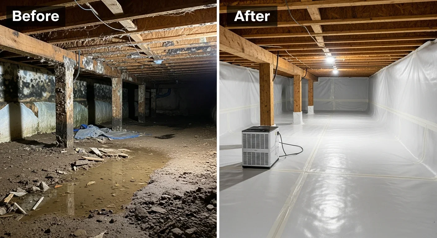 Before and after crawl space mold remediation in a Gaffney SC home showing contaminated joists and completed encapsulation