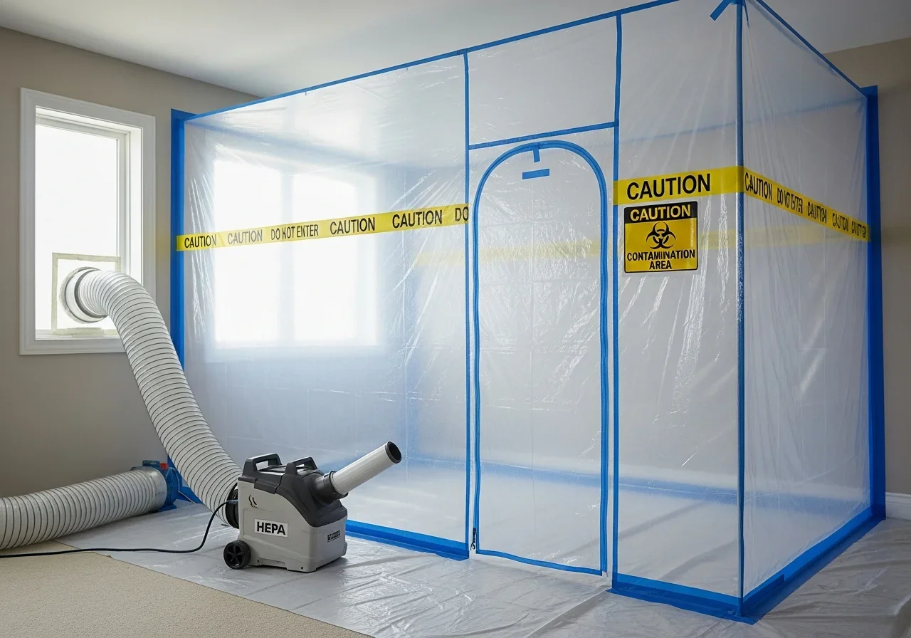 Professional mold remediation containment barrier with HEPA air scrubber setup in a Gaffney SC home