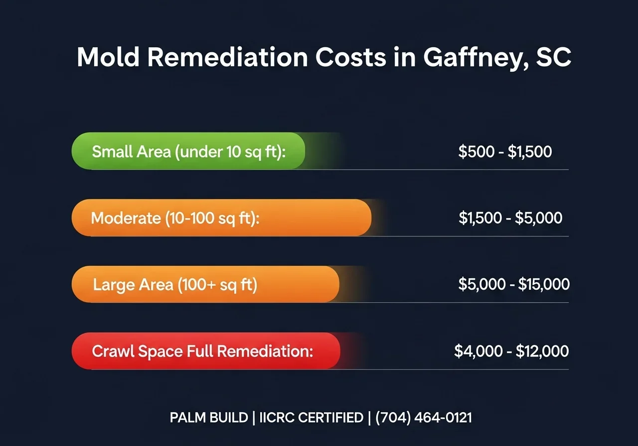Gaffney SC mold remediation cost breakdown infographic showing small, moderate, and large project pricing