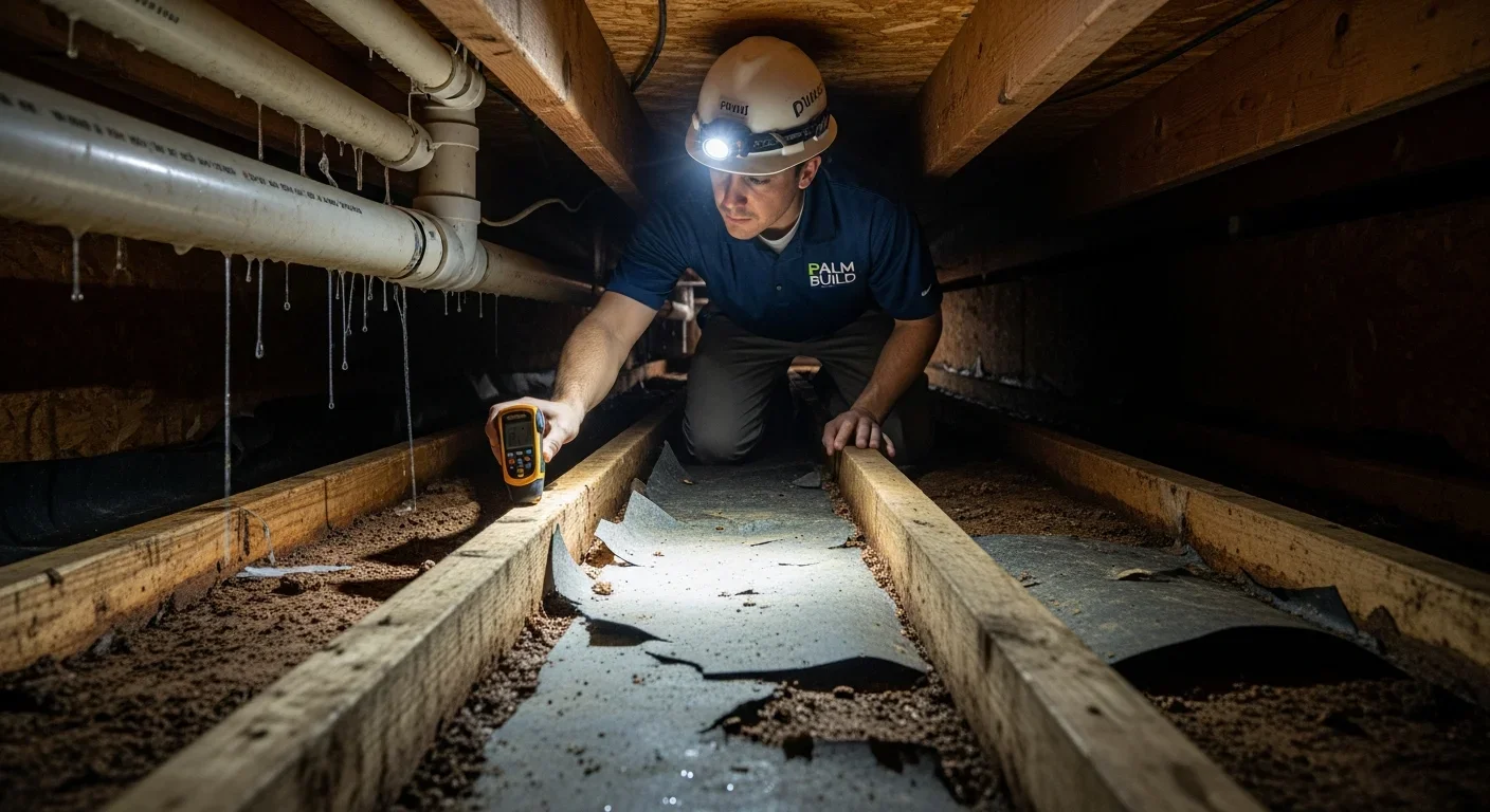 Palm Build technician inspecting crawl space for mold and moisture damage beneath a Gaffney SC home