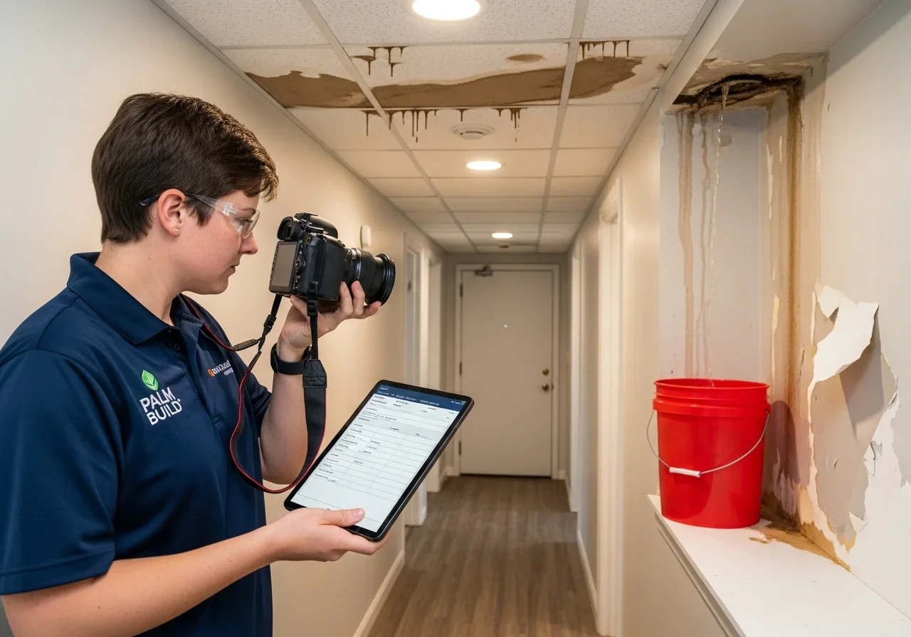 Palm Build technician documenting mold damage for insurance claim in a Gaffney SC home