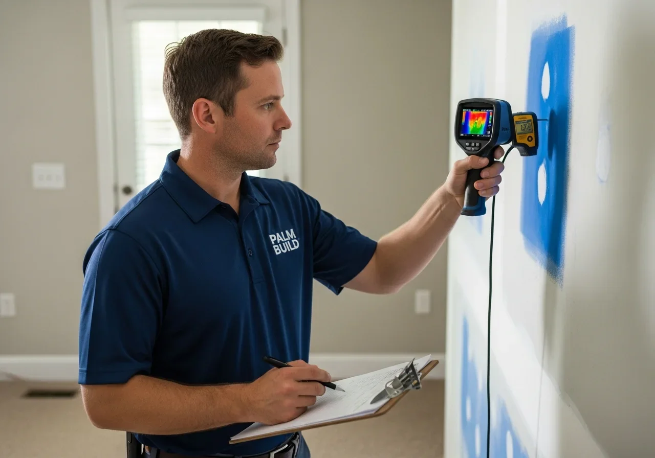 Palm Build technician performing moisture assessment with infrared camera in a Gaffney SC residence