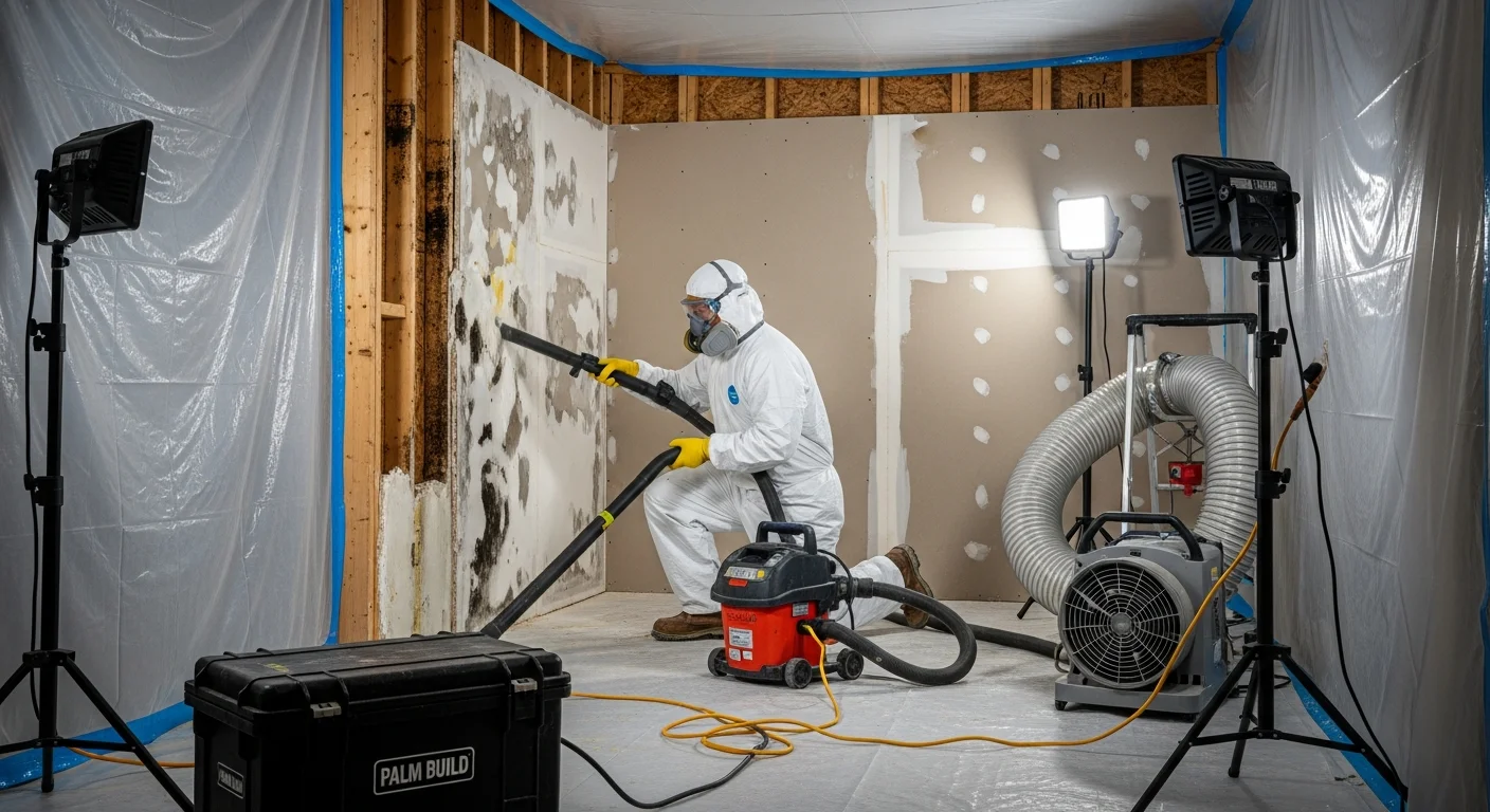 Palm Build mold remediation technician in full PPE working inside containment area with HEPA vacuum and negative air machine in a Gaffney SC home